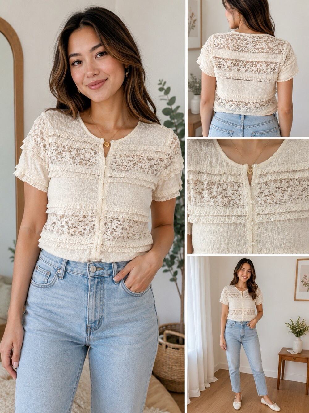 And Now This Petite Lace Ruffle Blouse Cream Sheer Button Front Cottagecore PP